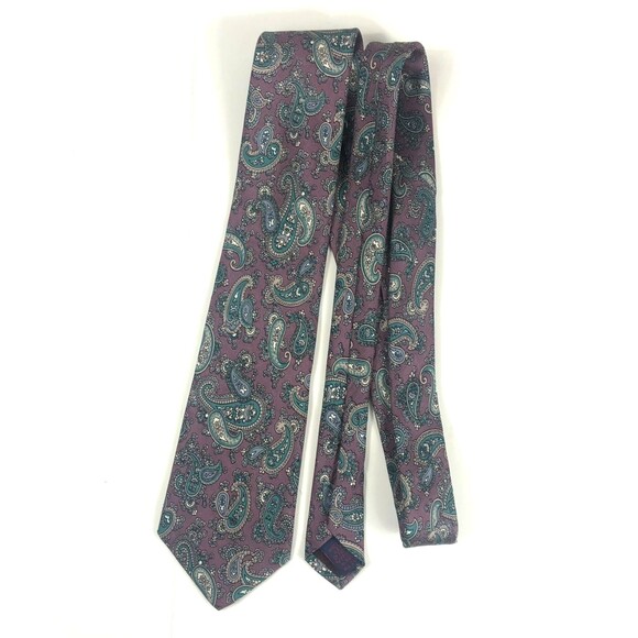 Vintage Rooster Silk Tie Paisley Purple Green Blue Made in USA Hand Printed Ital - Picture 6 of 6